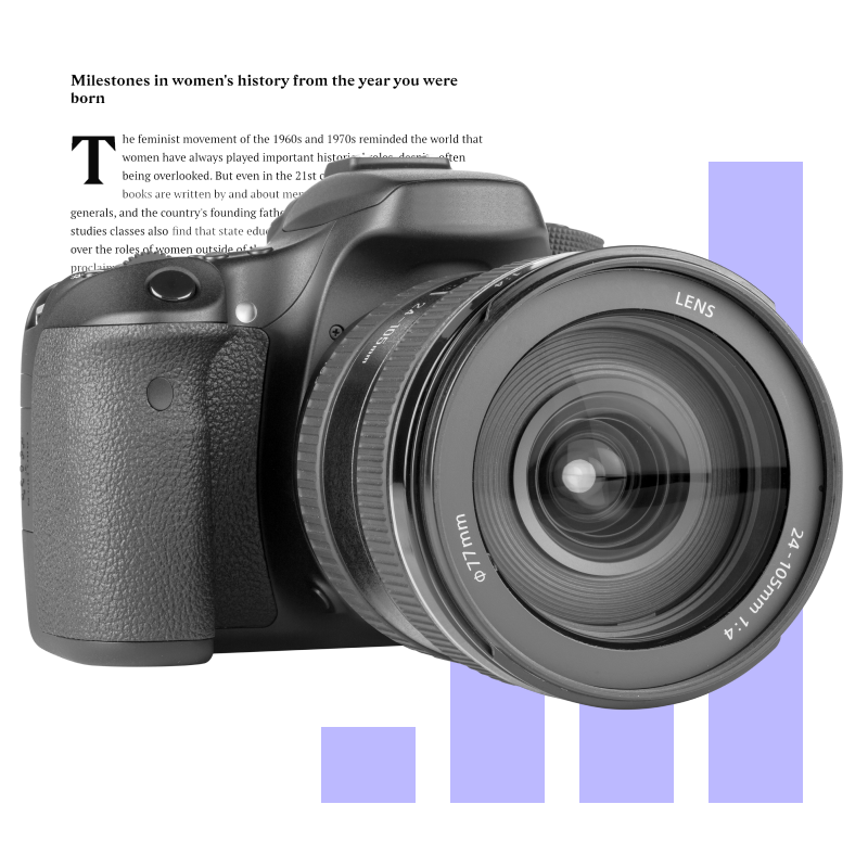 A camera in front of a news story and a graph.