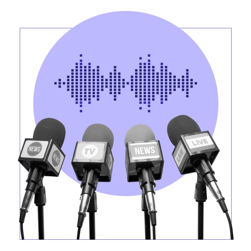 News microphones in front of a graphic of sound waves.