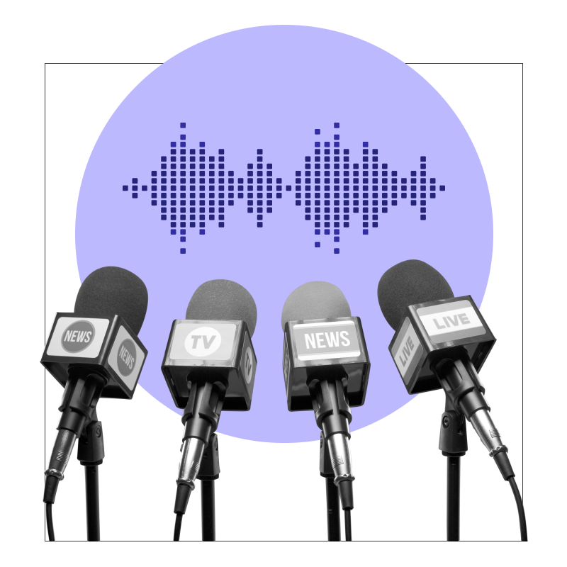 News microphones in front of a graphic of sound waves.