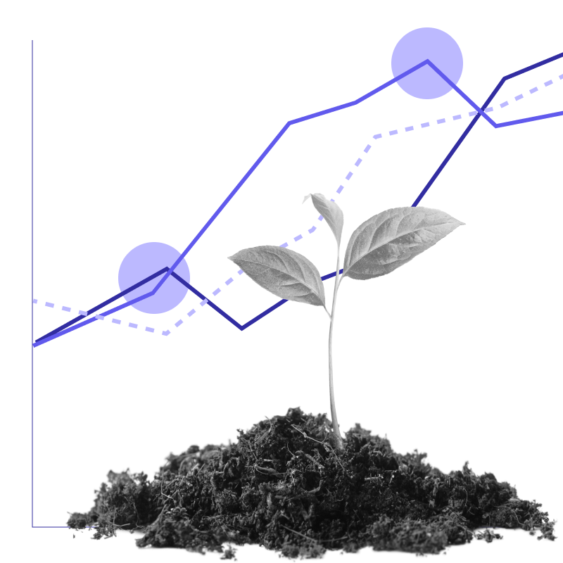 A line graph behind a sprout growing from dirt.