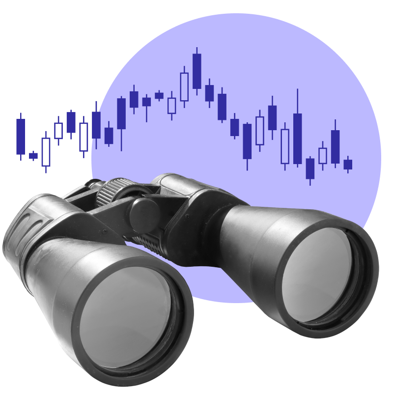 A pair of binoculars in front of a market graph. 