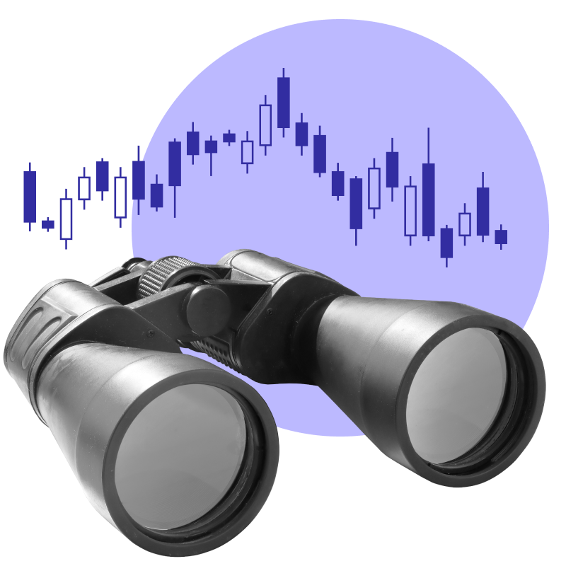 A pair of binoculars in front of a market graph.