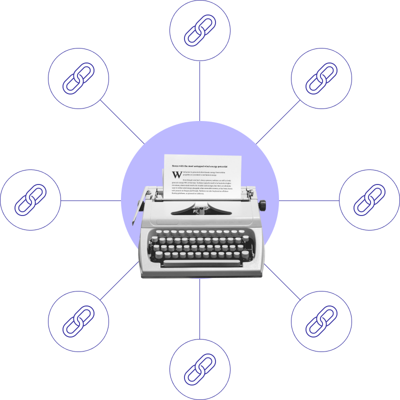 A typewriter surrounded by link symbols. 