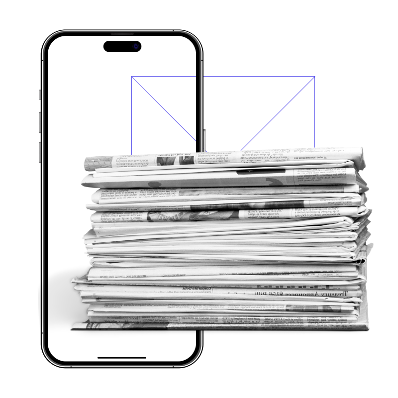A stack of newspapers next to a smart phone.